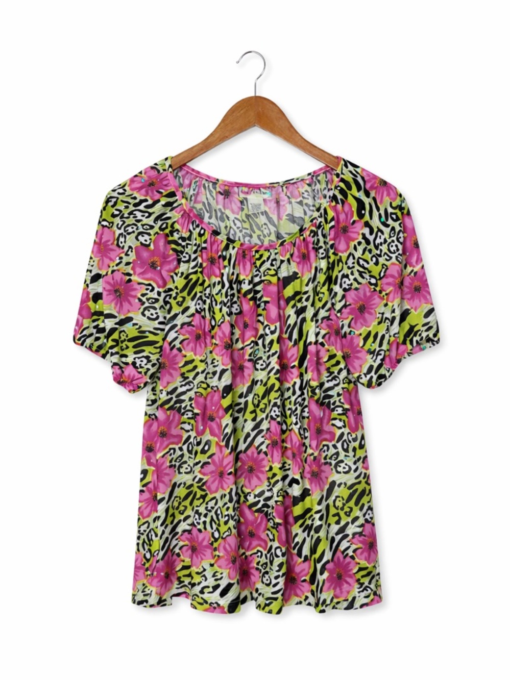 Rebecca Malone Floral Animal Print Sequin Top Women Medium Pink Green Blouse